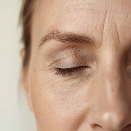 Eyelash extension procedure. Woman eye with long eyelashes.の素材