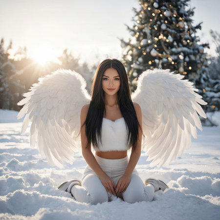 Beautiful young woman with white angel wings in the winter forest.の素材