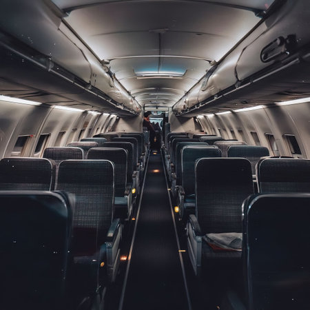 Interior of a commercial airplane with seats and seats in a rowの素材