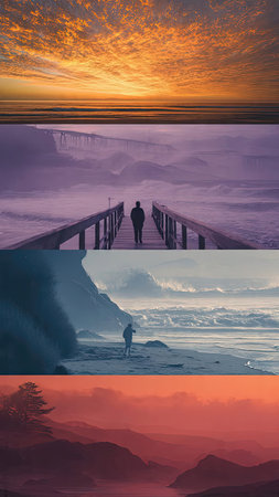 Digital painting of a man walking on a bridge over the sea.の素材