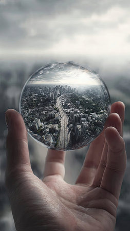 Conceptual image with a glass globe in the shape of a cityの素材