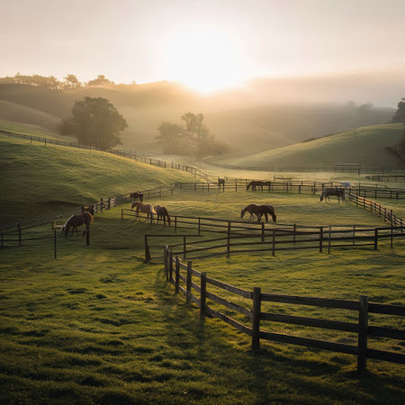 Horses in the morning light at sunrise, New South Wales, Australiaの素材