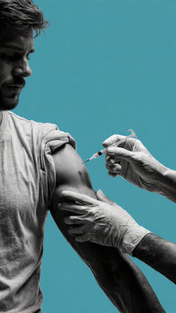 Doctor injecting vaccine into the arm of a patient on a blue backgroundの素材