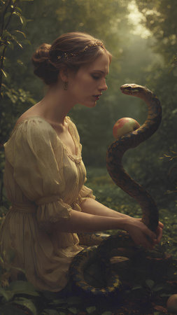 Portrait of a beautiful woman with a snake in the forest.の素材