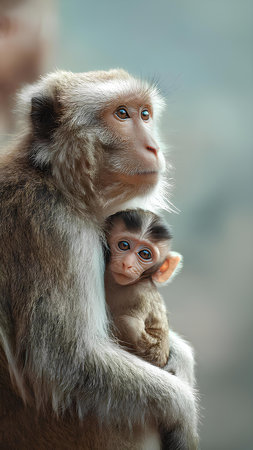 Portrait of a baby monkey with his mother on nature background.の素材