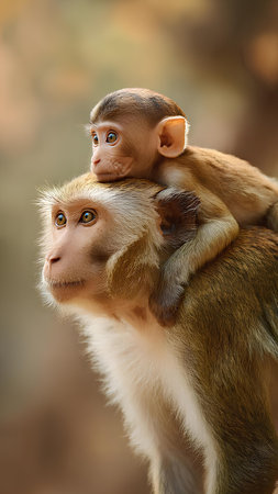 Monkey mother and baby on nature background, Thailand. animal portraitの素材