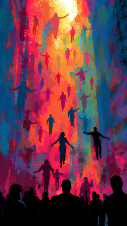 Dancing people silhouettes in the night city. Digital painting.の素材