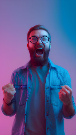 Portrait of a happy young man with beard and glasses screaming on gradient background in neon light.の素材