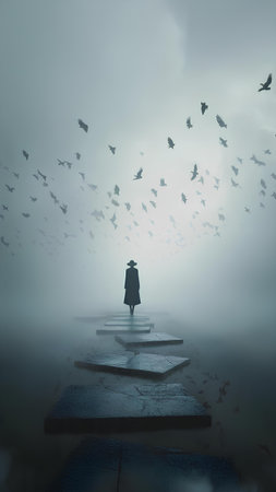 Conceptual image of a woman walking up the stairs in the misty skyの素材