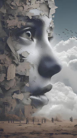 Composite image of a man looking out of a hole in a wallの素材