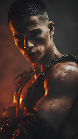 Portrait of a handsome young man with a naked torso. The concept of male beauty.の素材