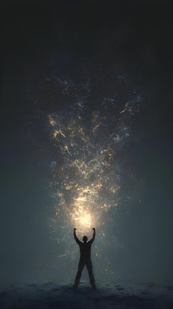 Silhouette of a man with hands up in front of a fireworksの素材