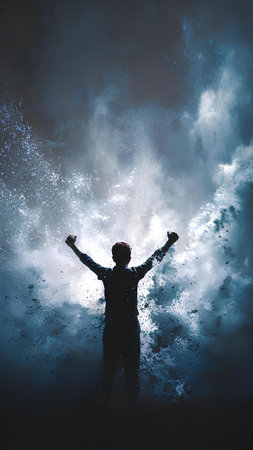 Young man with hands up against splashes of water and sky backgroundの素材