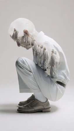 Man in a white coat and boots sitting on the floor and looking upの素材