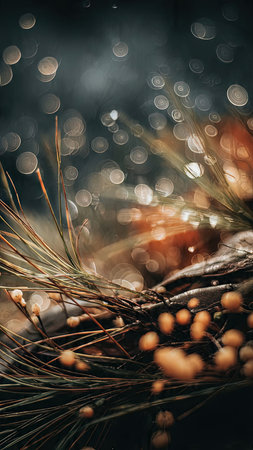 Christmas background with pine needles and bokeh. Filtered image processed vintage effect.の素材