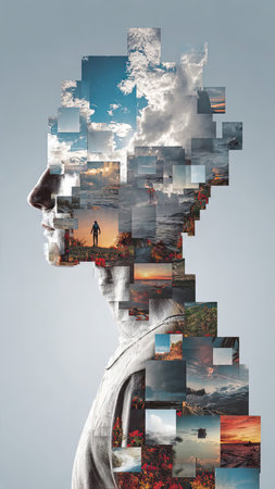 Double exposure of a man in profile combined with pictures of nature.の素材