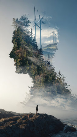 Conceptual image of man standing on rock and looking at wind turbinesの素材