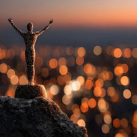 Man on top of the mountain. Conceptual image of success.の素材