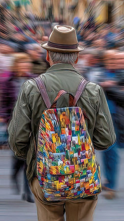 A man with a hat and a colorful bag in the city.の素材