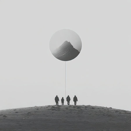 Silhouettes of people on top of a mountain with a balloonの素材