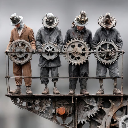 People in gas masks and respirators on a steampunk machine in Kiev, Ukraine.の素材