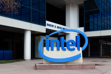SANTA CLARA, CA/USA - MARCH 1, 2014:  Intel Sign at Corporate Headquarters. Intel is a multinational corporation and inventor of the x86 microprocessor, the processors found in most personal computers.のeditorial素材