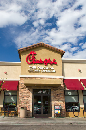 VALENCIA, CA/USA - SEPTEMBER 8, 2014: Chick-fil-A restaurant exterior. Chick-fil-A is fast food restaurant chain specializing in chicken sandwiches.のeditorial素材
