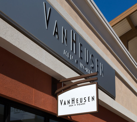 TEJON RANCH, CA/USA - SEPTEMBER 8, 2014: Van Heusen store exterior and logo. Van Heusen is owned by PVH Corporporation, an American clothing company.のeditorial素材