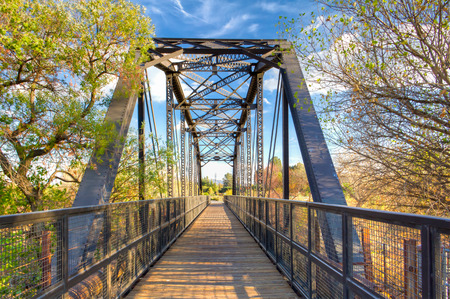 Railroad bridge over the Iron Horse Trailhead in Santa Clarita, Californiaの写真素材