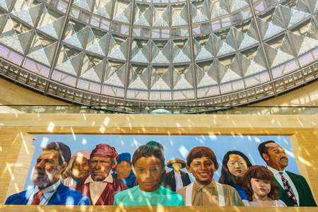 LOS ANGELES, CA/USA - AUGUST 29, 2015: Patsaouras Transit Plaza at Union Station mural of Gabrielino Indians and Latinos by artist Richard Wyatt.のeditorial素材