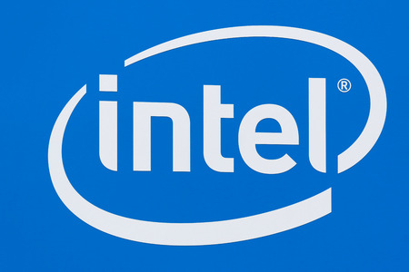 SANTA CLARA, CA/USA - JULY 29, 2017: Intel Corporation logo. Intel is an American multinational corporation and technology company.のeditorial素材