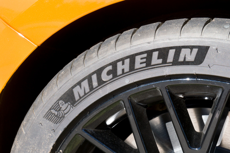 LA JOLLA, CA/USA - JANUARY 13, 2018: Michelin tire mounted on rim. Michelin is a French tyre manufacturer.のeditorial素材