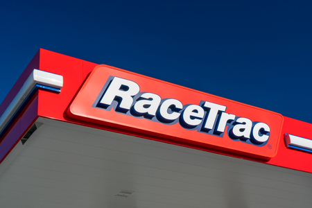 DOUGLASVILLE, GA/USA - JUNE 6, 2018: Racetrac gas station sign and logo. RaceTrac Petroleum, Inc., is an American corporation that operates a chain of gasoline service stations.のeditorial素材