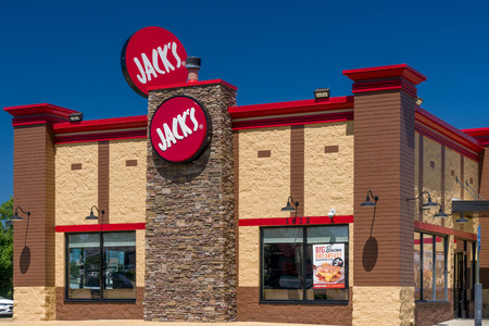 TUSCALOOSA, AL/USA - JUNE 6, 2018: Jack's Resturaunt exterior sign and trademark logo. Jack's Family Restaurants, Inc. is a fast food restaurant chain with locations in several southeastern American states.のeditorial素材