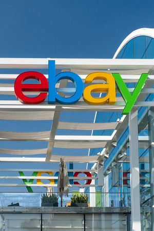 SAN JOSE, CA/USA - OCTOBER 21, 2018: eBay corporate headquarters logo and sign. eBay Inc. is an American multinational e-commerce corporation.のeditorial素材