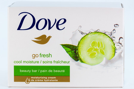 ST. PAUL, MN/USA - FEBRUARY 24, 2019: Dove bar soap in grouping of three. Dove is a personal care brand owned by Unilever.のeditorial素材