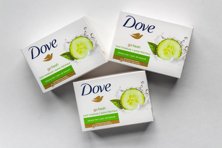 ST. PAUL, MN/USA - FEBRUARY 24, 2019: Dove bar soap in grouping of three. Dove is a personal care brand owned by Unilever.のeditorial素材