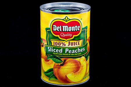 ST. PAUL, MN/USA - MARCH 4, 2019: Del Monte canned fruit and trademark logo. Del Monte Foods is a North American food production and distribution.のeditorial素材