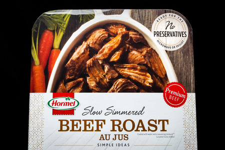 ST. PAUL, MN/USA - MARCH 13, 2019: Hormel Beef Roast packaging and trademark logo. Hormel Foods Corporation is an American food products company.のeditorial素材