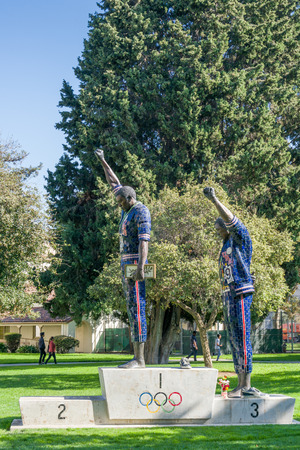SAN JOSE, CA/USA - OCTOBER 21, 2018: Tommie Smith and John Carlos statue on the campus of San Jose State University.のeditorial素材