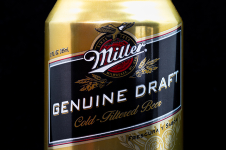 ST. PAUL, MN/USA - MARCH 6, 2019: Miller Genuine Draft beer and trademark logo. The Miller Brewing Company is an American beer brewing company.のeditorial素材