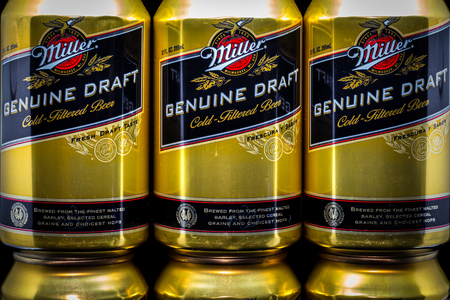 ST. PAUL, MN/USA - MARCH 6, 2019: Miller Genuine Draft beer and trademark logo. The Miller Brewing Company is an American beer brewing company.のeditorial素材