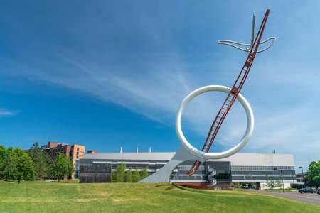 DULUTH, MN/USA - JUNE 19, 2020: Wild Ricing Moon Sculpture and Swenson Science Building at the campus of the University of Minnesota-Duluth.のeditorial素材