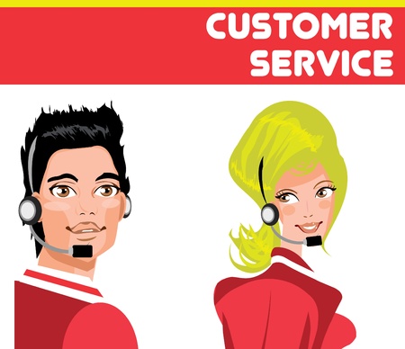 Support, help/ Man and woman portrait of service workers /Stock Illustration: Call operator on white background. 
のイラスト素材