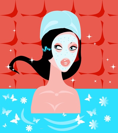 Relax Spa girl in flower bath / Beautiful spa girl relaxing  illustration. のイラスト素材