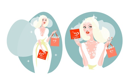 Shopping bride happy woman with wedding card, bag with flowers on sky backgroundのイラスト素材