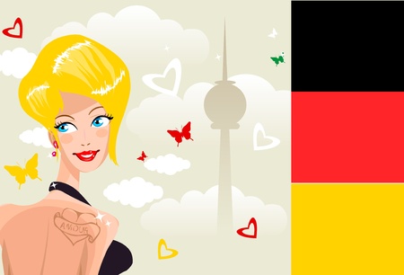 Cute young german woman on background of Berlin symbol silhouette / Country Series - Germanyのイラスト素材