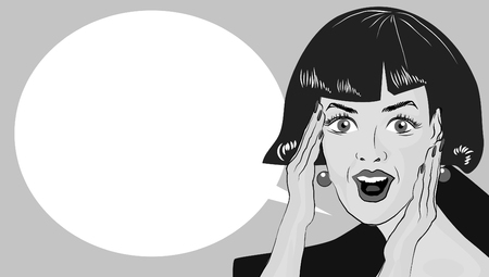 WOW bubble pop art. Surprised woman with opend mouth. Pop Art illustration of a woman with the speech bubble. Copyspaceの写真素材