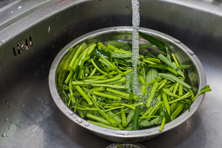 Fresh vegetables under water on a bowlの写真素材