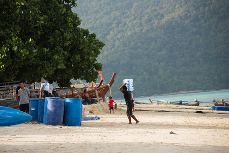 2016 OCTOBER 18, workers are working on the beach at lipe island  wonderful place at Satun in Thailandのeditorial素材